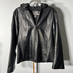 Free Tech Black Women's Leather Jacket/Shacket with Hood SZ Lrg